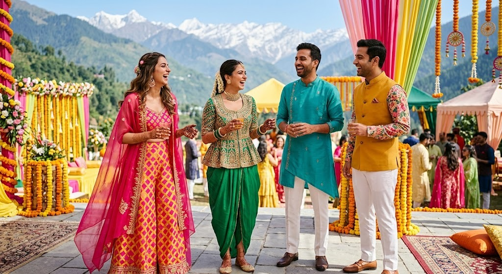 Guests in colourful Indian outfits at a daytime henna celebration