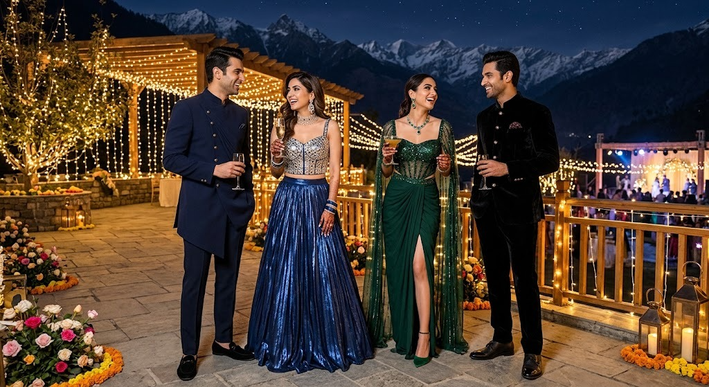 Guests in festive eveningwear beneath string lights