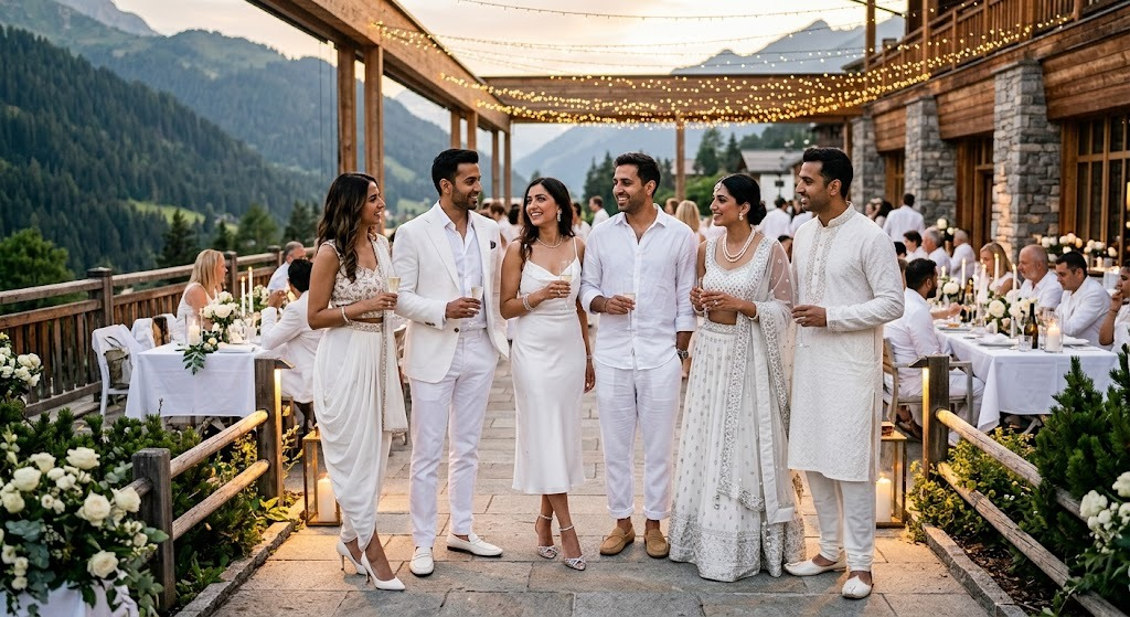 Guests in white at an outdoor evening dinner