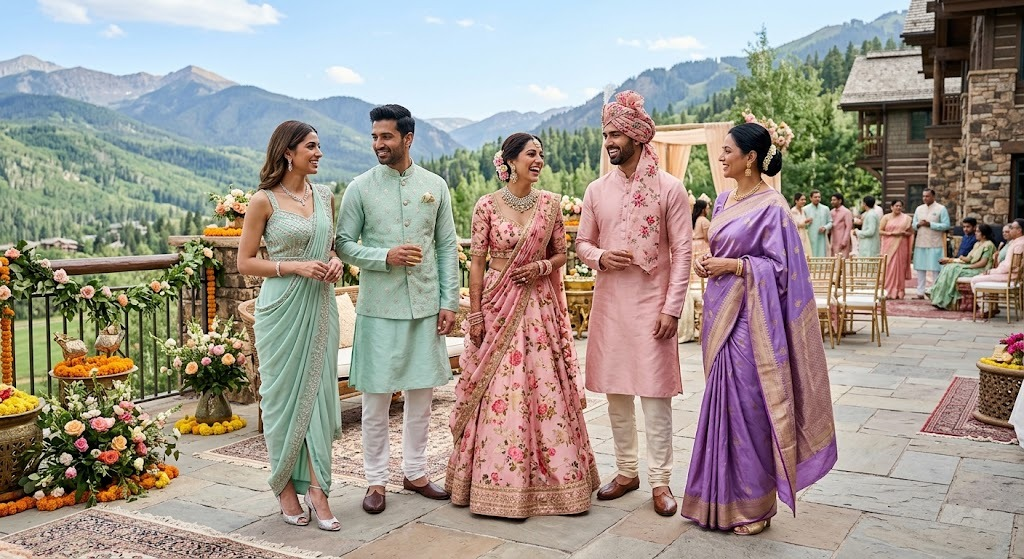 Guests in pastel Indian outfits at a daytime wedding celebration